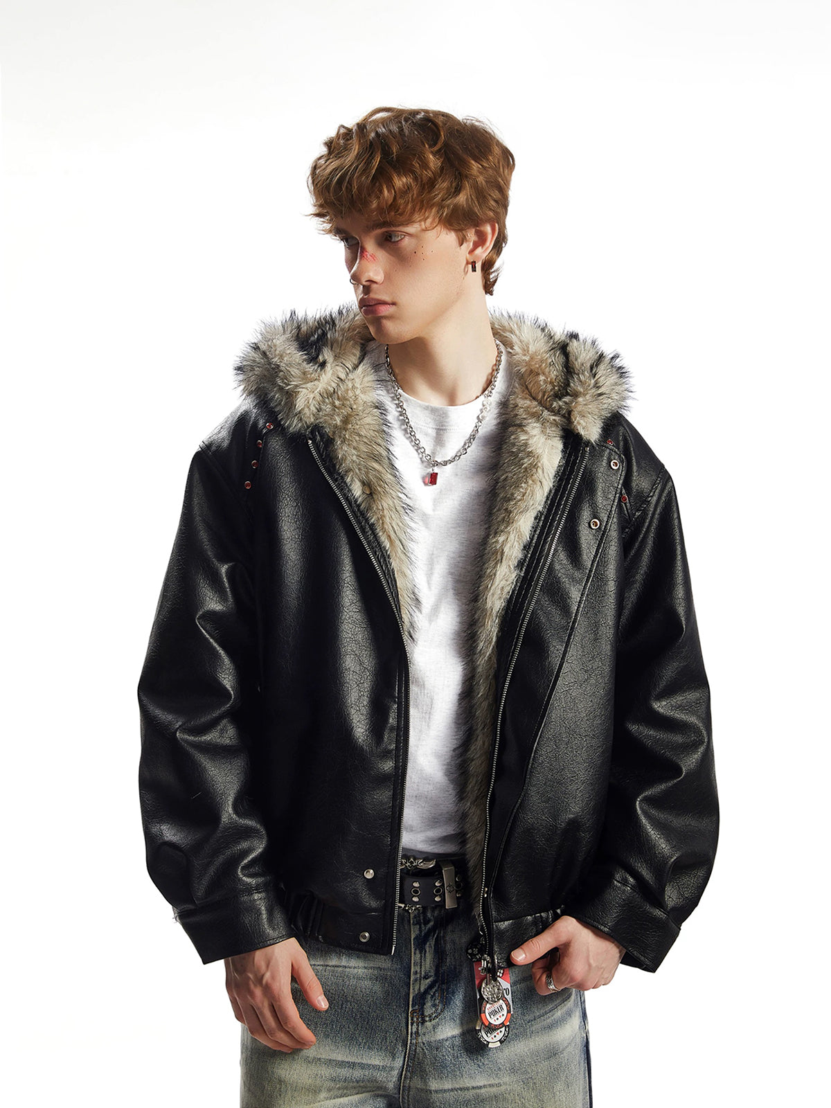 Co-ed Dorm Baggy Faux-Fur Hooded Leather Jacket - Black