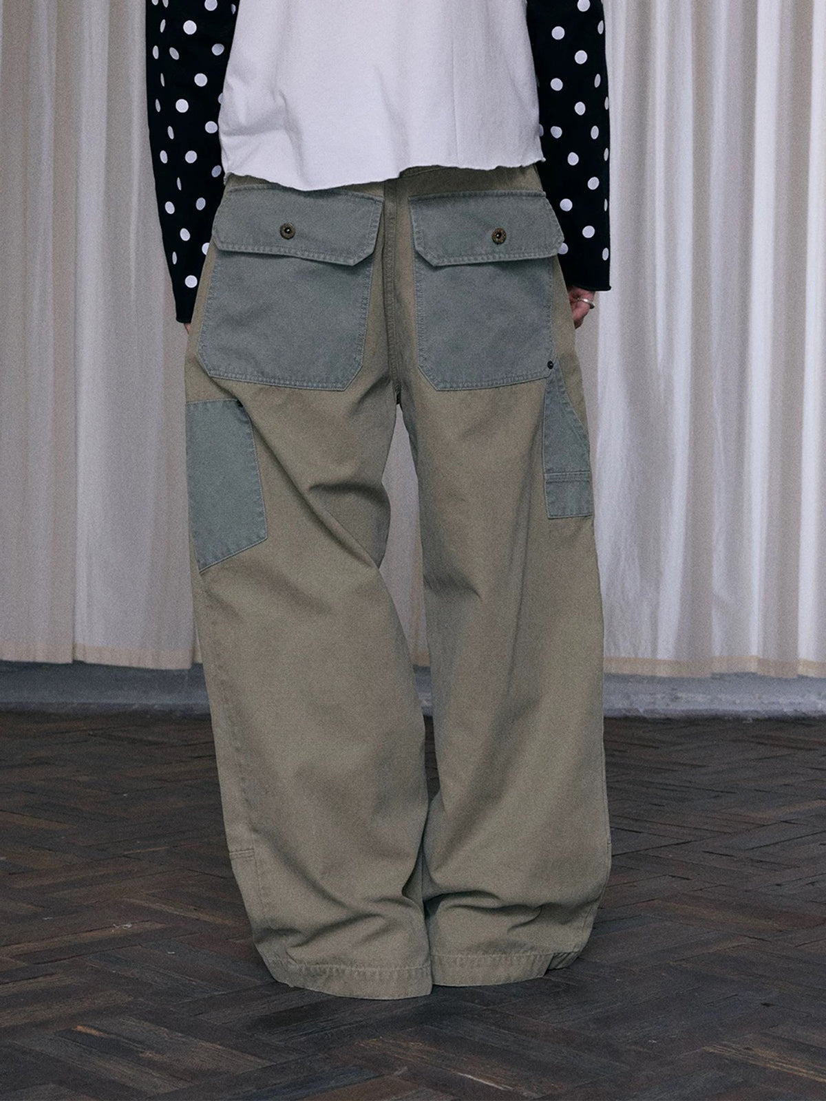 Co-ed Dorm Wide-leg Patchwork Striped Pants - Grey