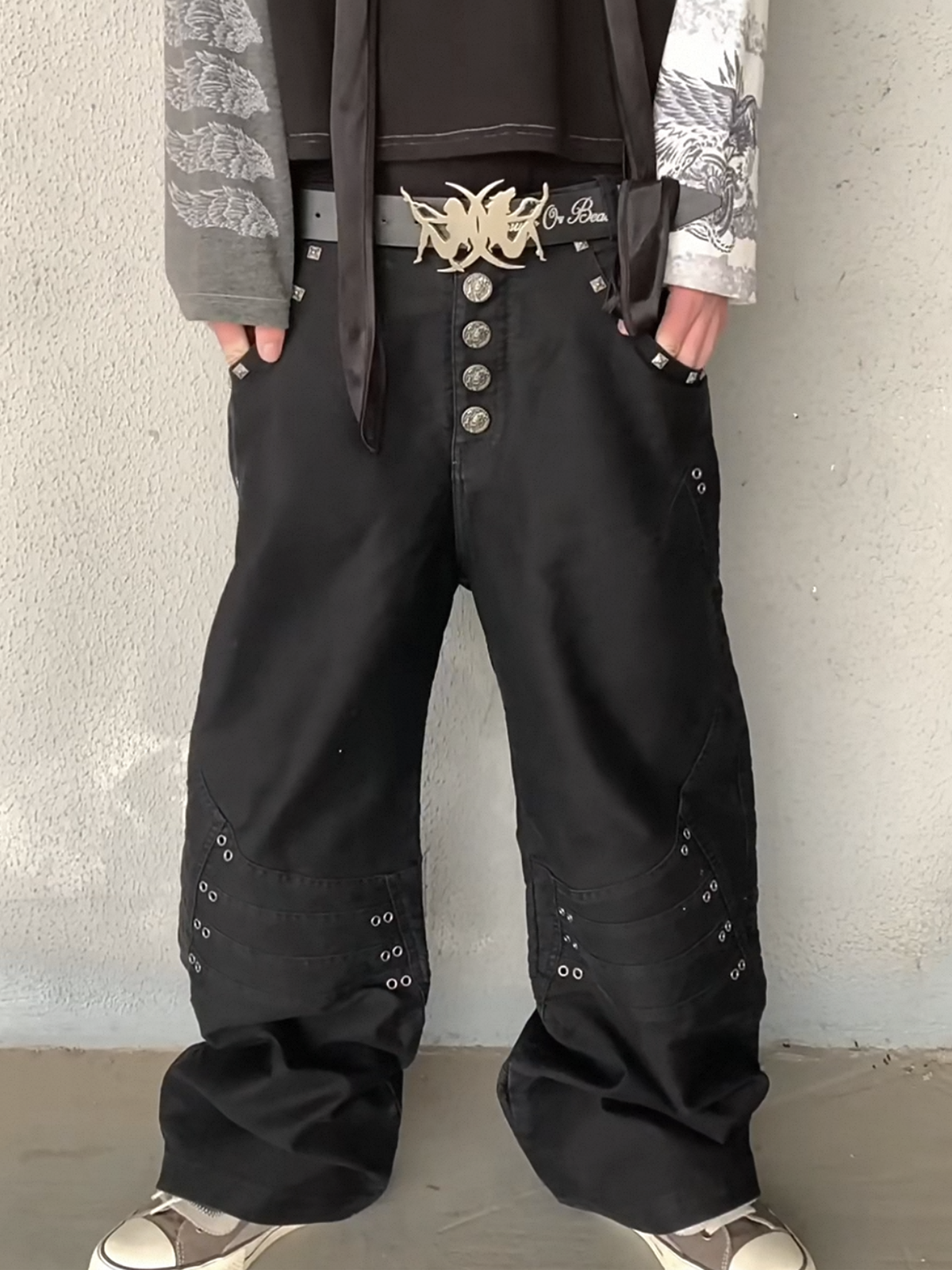 Co-ed Dorm Wide-leg Studded Pants - Black