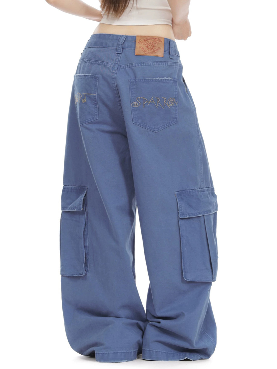 Co-ed Dorm Wide-leg Distressed Cargo Pants - Blue