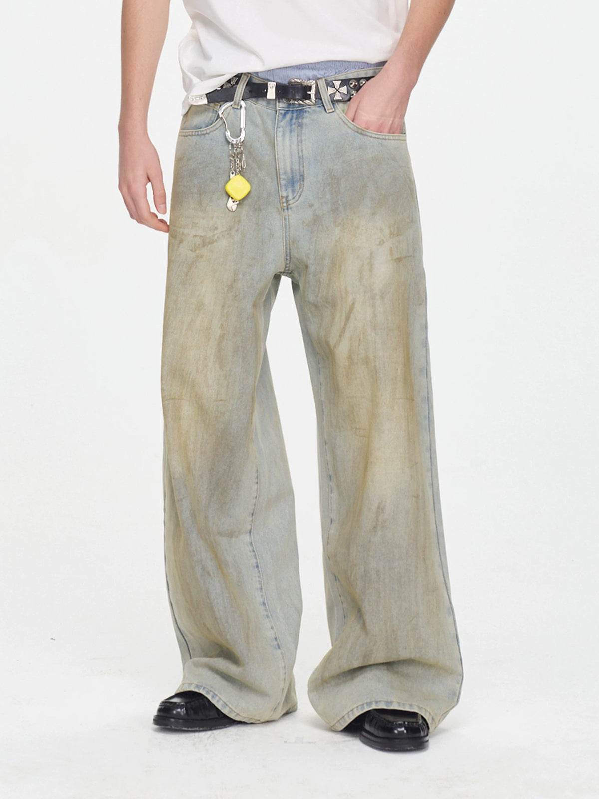 Co-ed Dorm Wide-leg Distressed Mud-Wash Pants - Beige