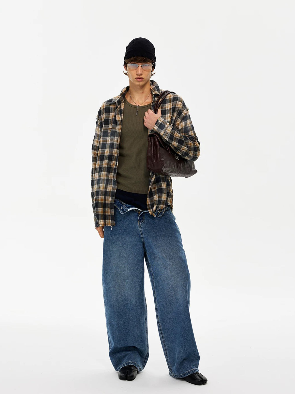 Co-ed Dorm Baggy Plaid Flannel Shirt - Brown