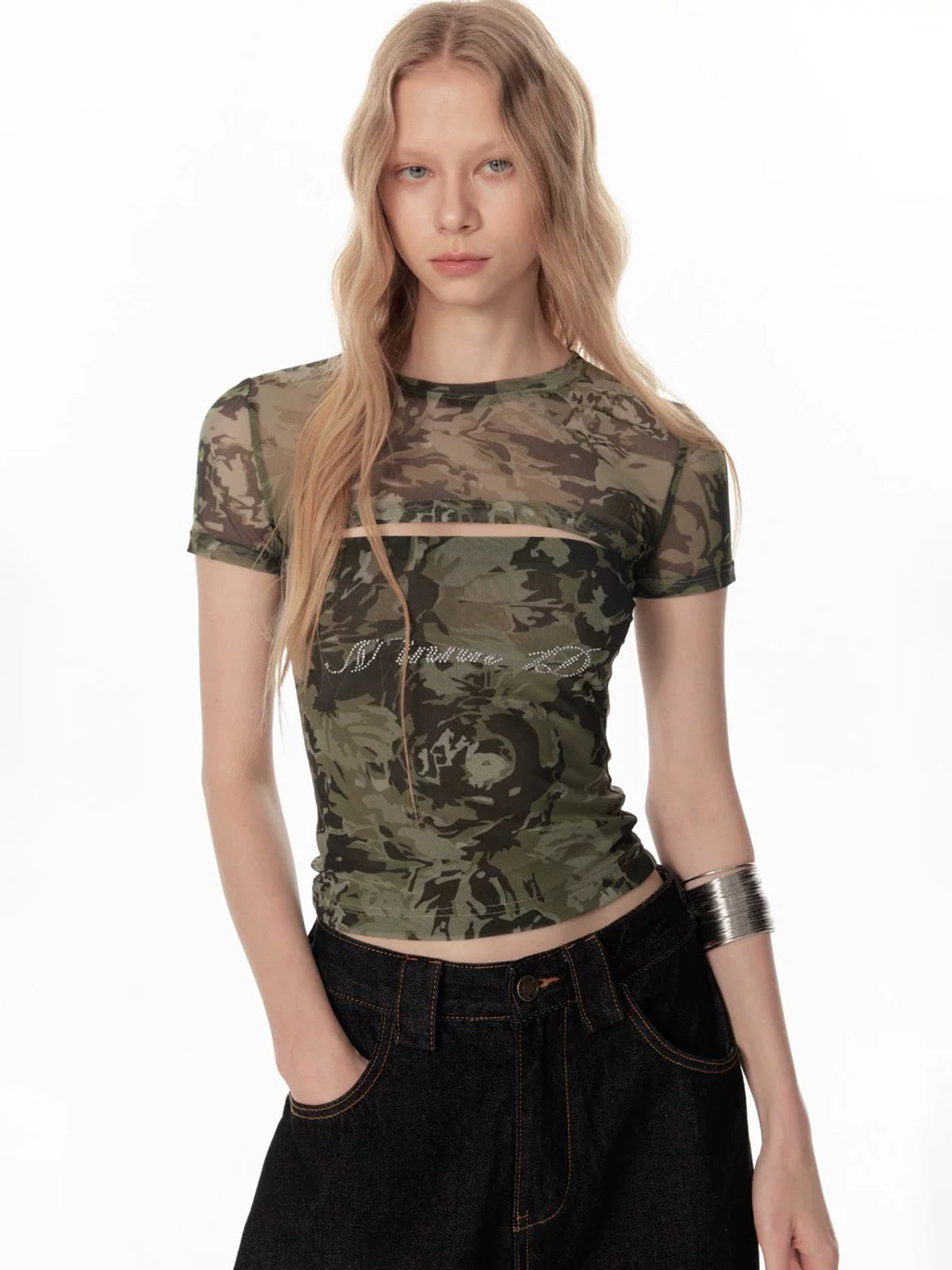 Brick Lane Skimming Mesh Camouflage Rhinestone Tee - Green Camo