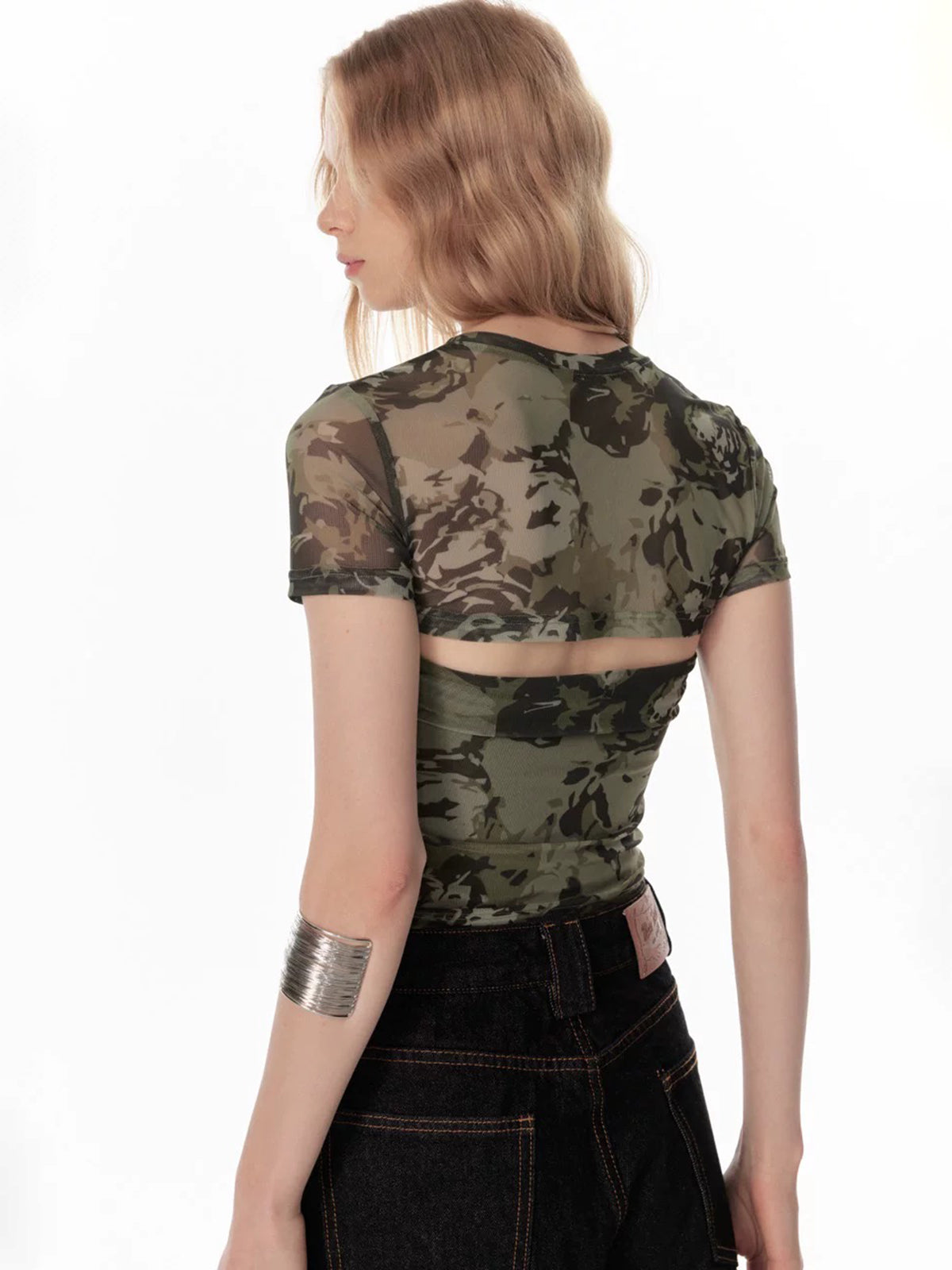 Brick Lane Skimming Mesh Camouflage Rhinestone Tee - Green Camo