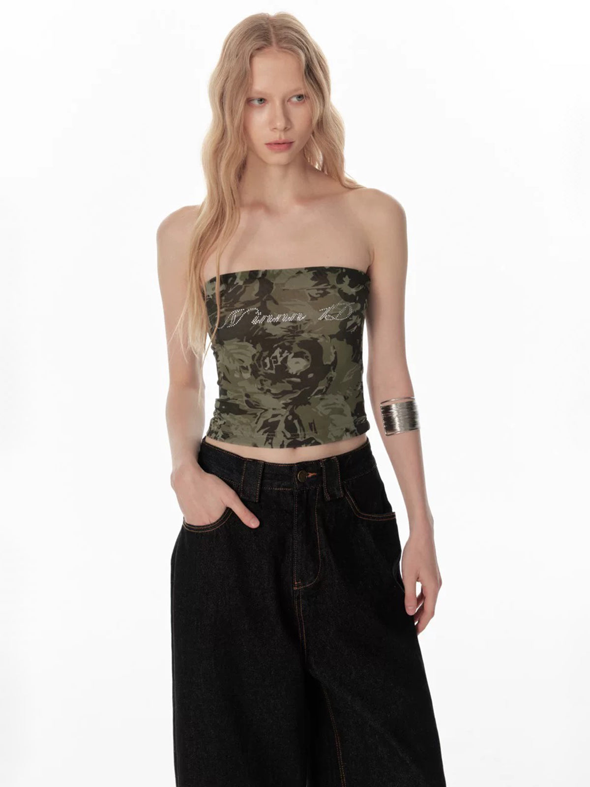 Brick Lane Skimming Mesh Camouflage Rhinestone Tee - Green Camo