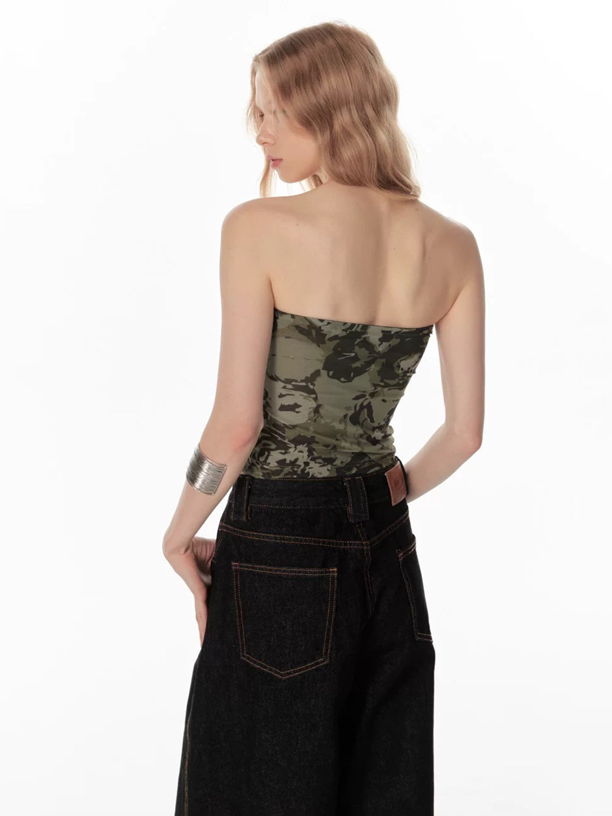 Brick Lane Skimming Mesh Camouflage Rhinestone Tee - Green Camo