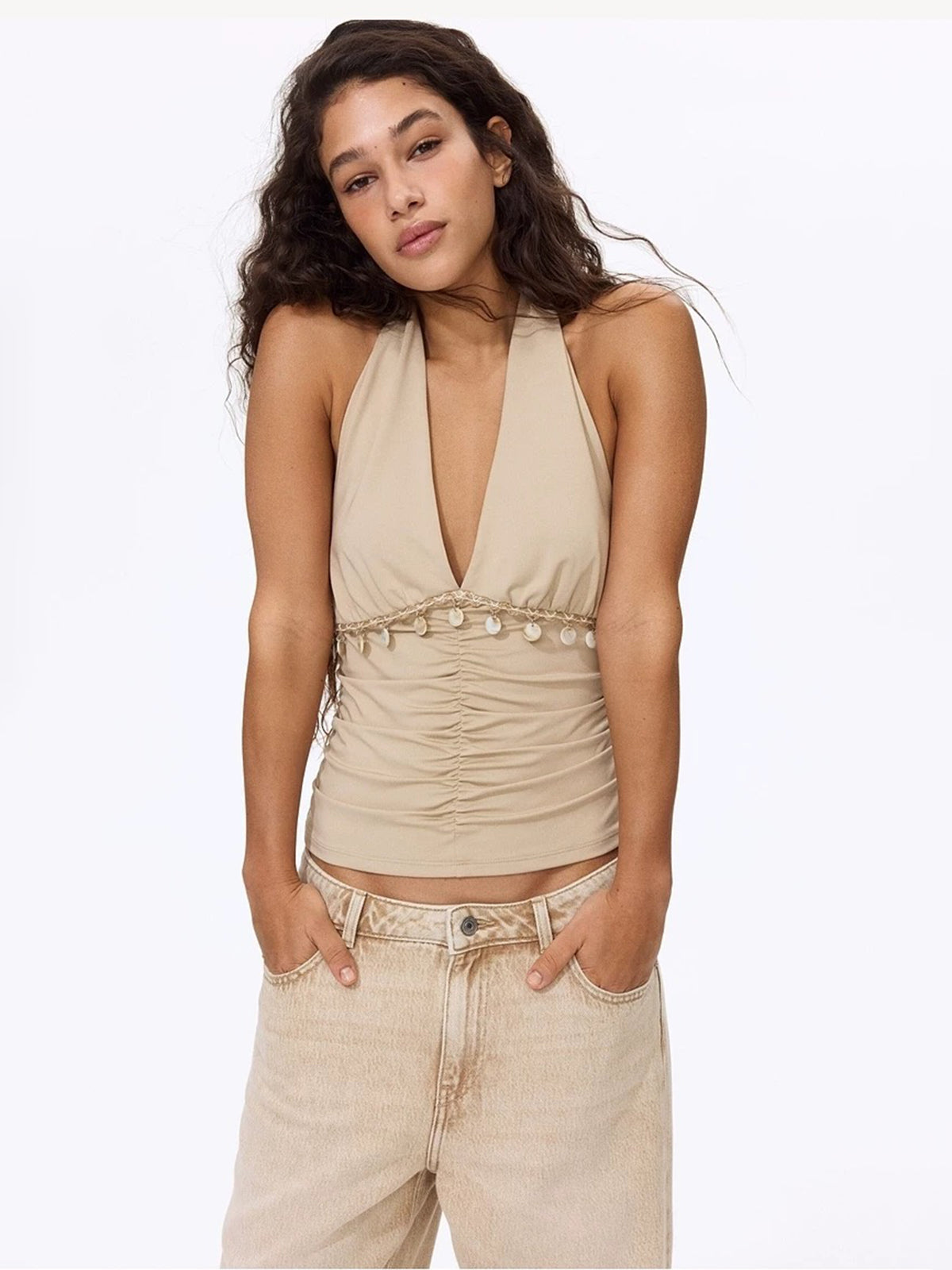 Brick Lane Halter Backless Deep V Tank - Khaki