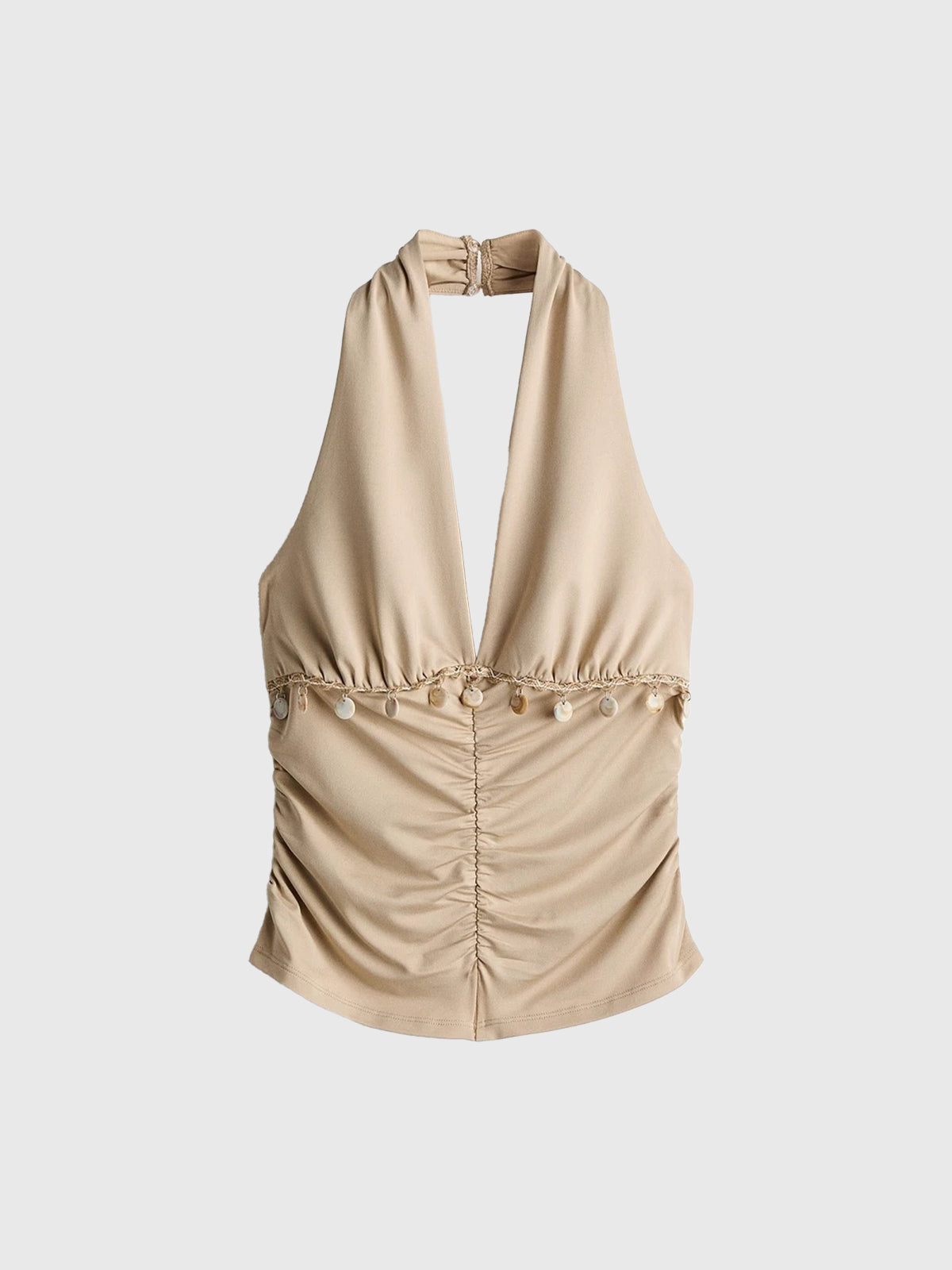 Brick Lane Halter Backless Deep V Tank - Khaki