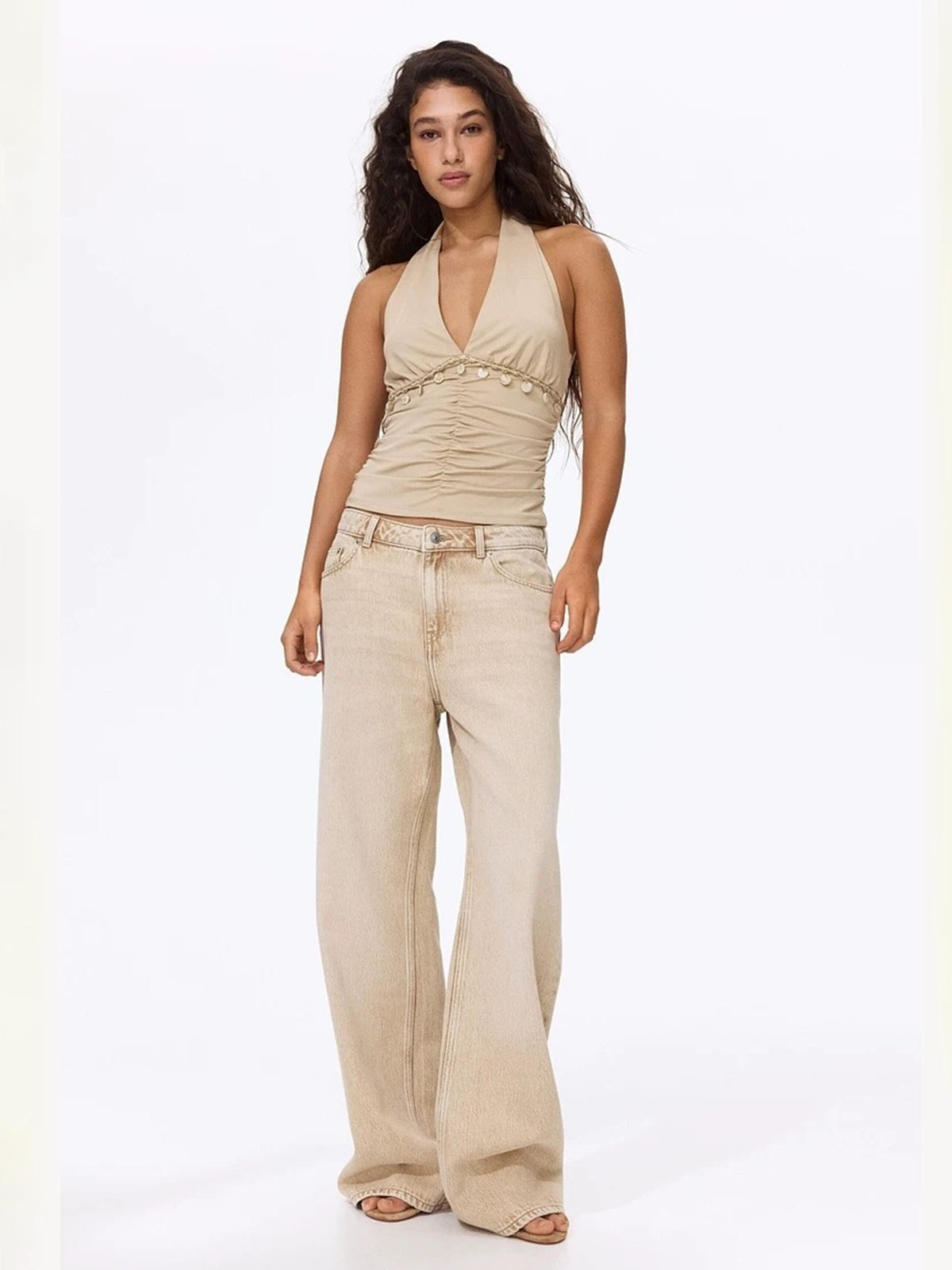 Brick Lane Halter Backless Deep V Tank - Khaki