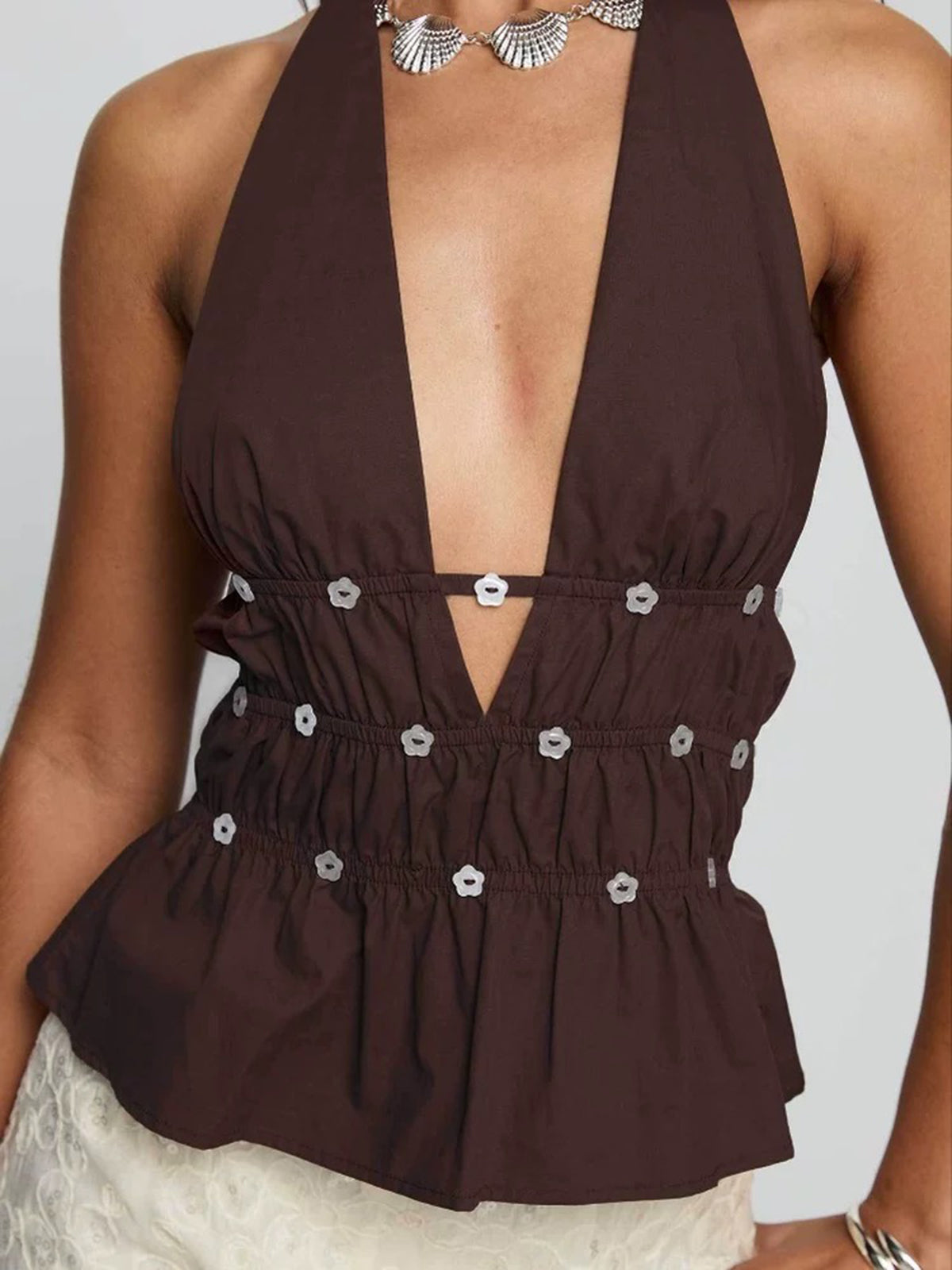 Brick Lane Halter Rhinestone Detailed Ruffle Tank - Coffee
