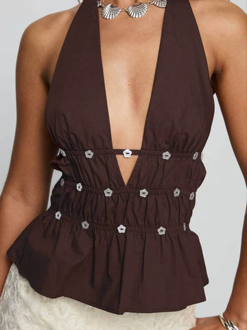Brick Lane Halter Rhinestone Detailed Ruffle Tank - Coffee