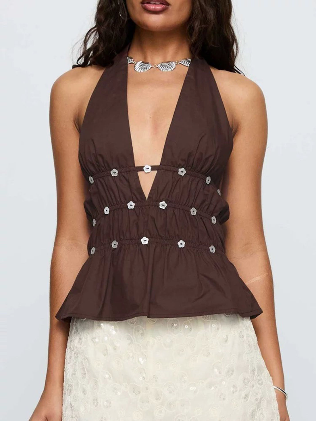 Brick Lane Halter Rhinestone Detailed Ruffle Tank - Coffee