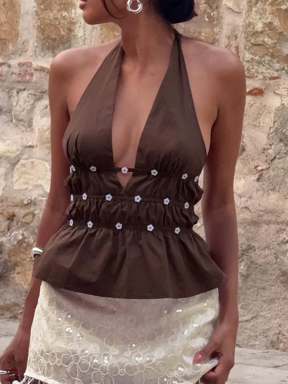 Brick Lane Halter Rhinestone Detailed Ruffle Tank - Coffee