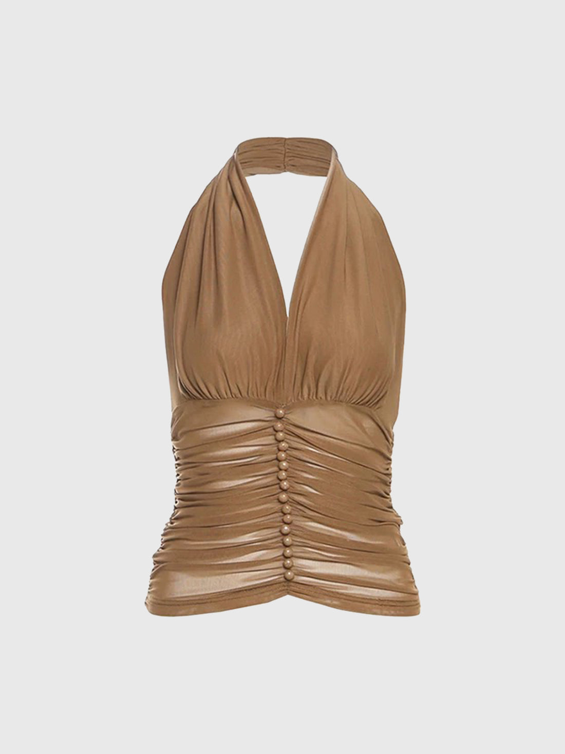 Brick Lane Halter Mesh Ruched Drawstring Tank - Coffee