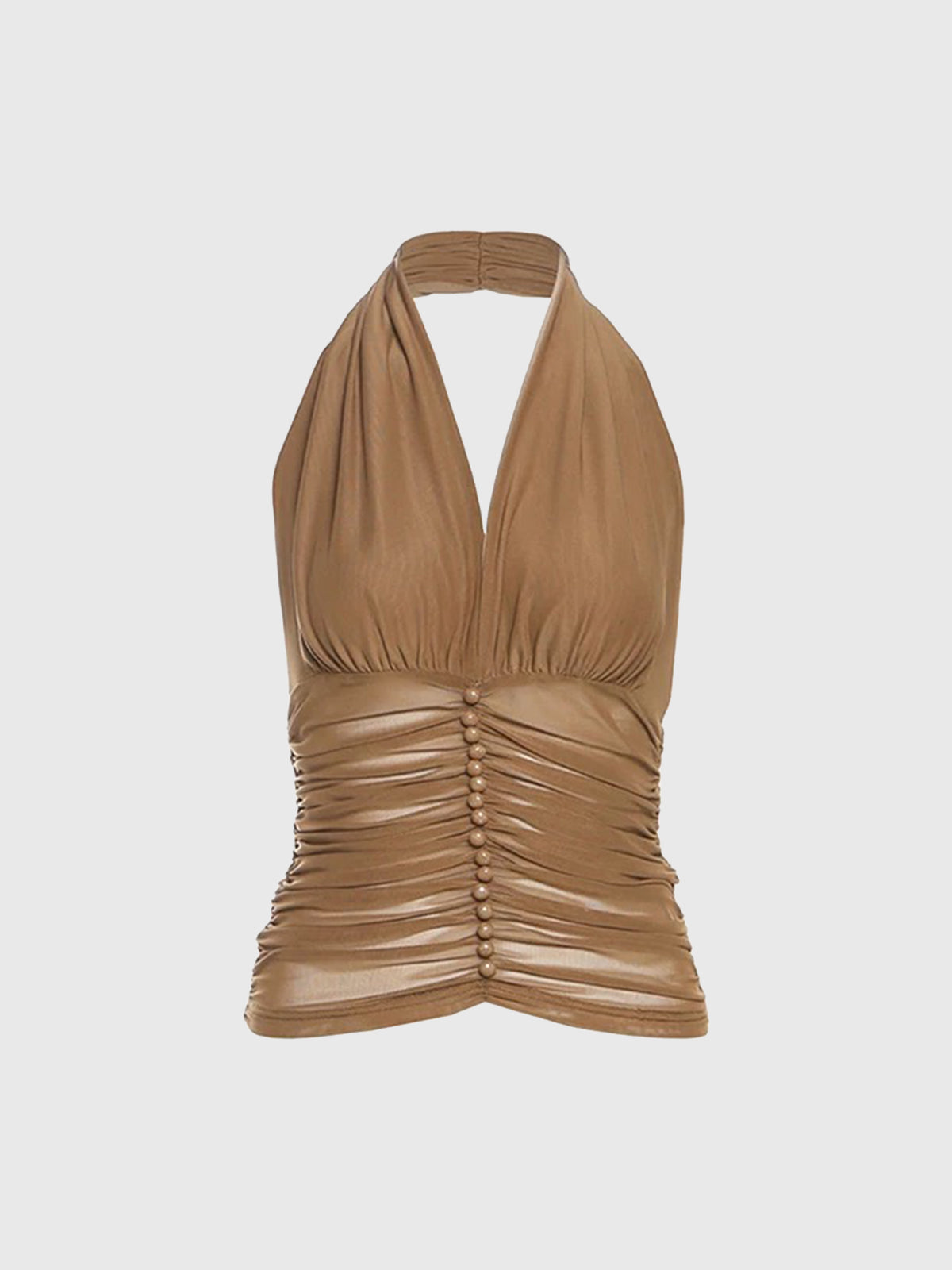 Brick Lane Halter Mesh Ruched Drawstring Tank - Coffee