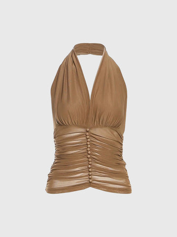 Brick Lane Halter Mesh Ruched Drawstring Tank - Coffee