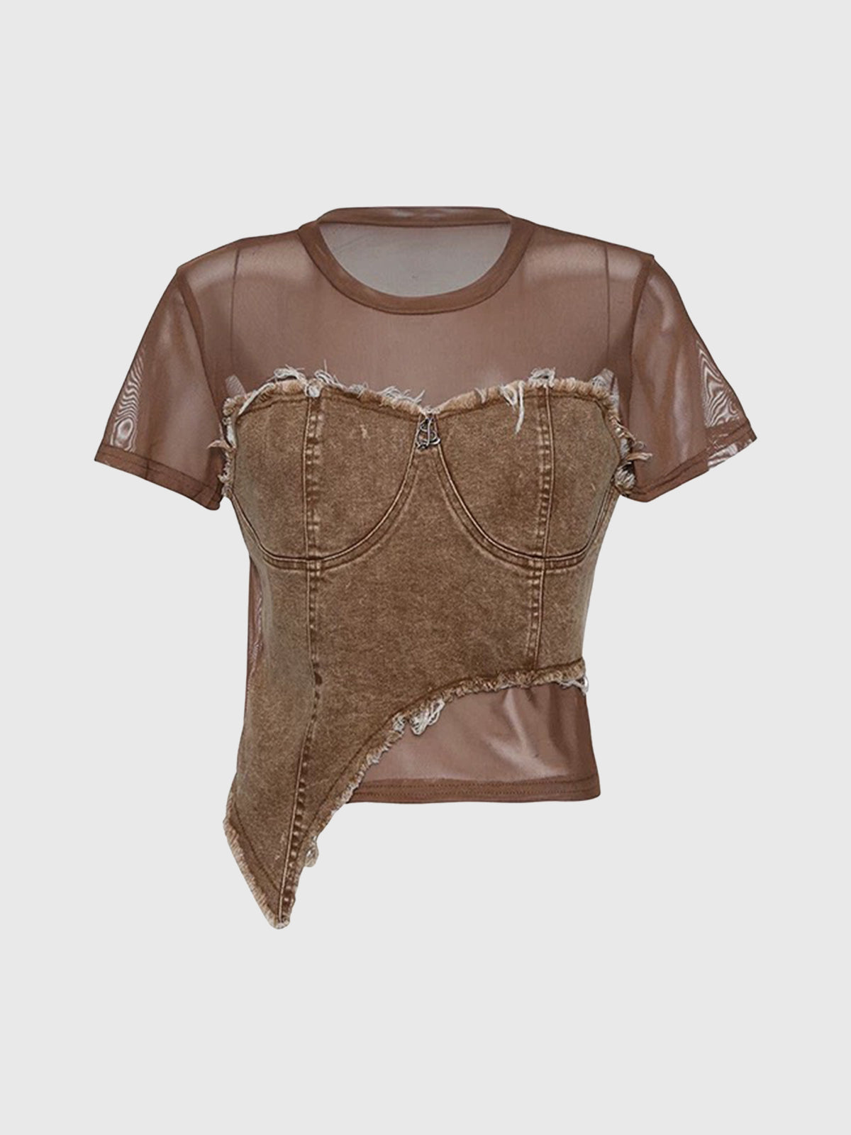Brick Lane Asymmetric Mesh Patchwork Graphic Tee - Brown