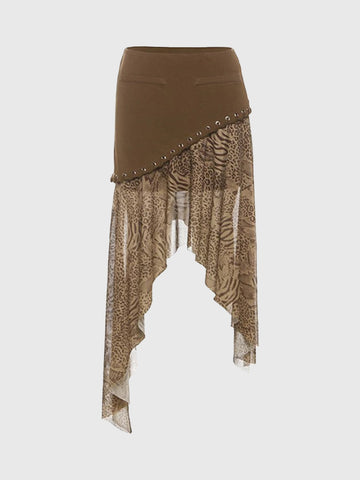 Brick Lane Asymmetric Mesh Patchwork Midi Skirt - Coffee