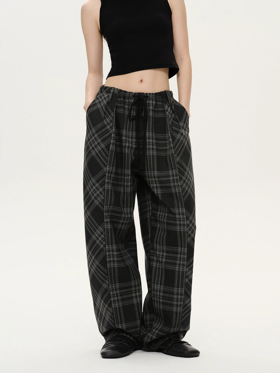 Brick Lane Wide-leg Check Plaid Relaxed Pants - Black