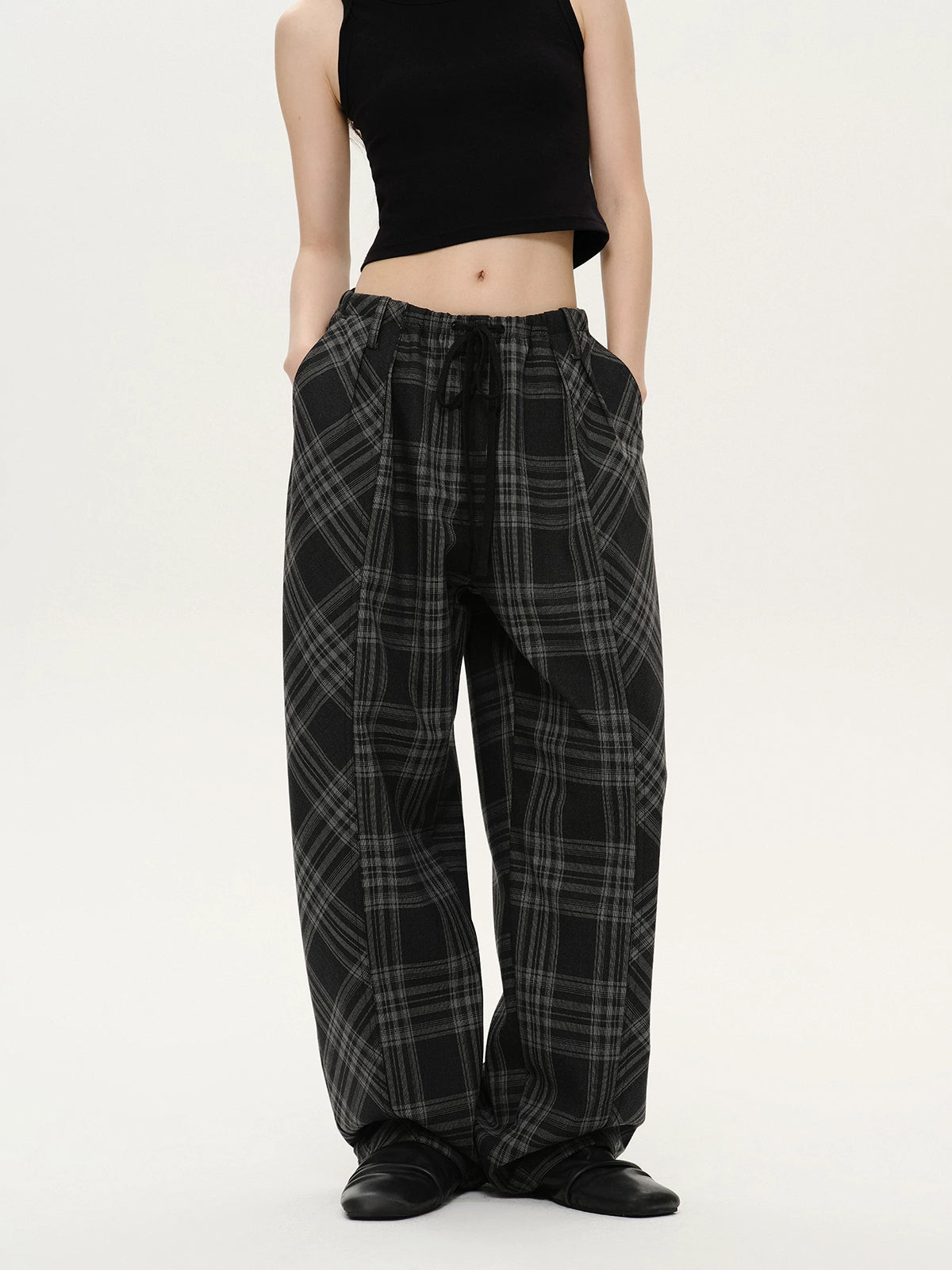 Brick Lane Wide-leg Check Plaid Relaxed Pants - Black