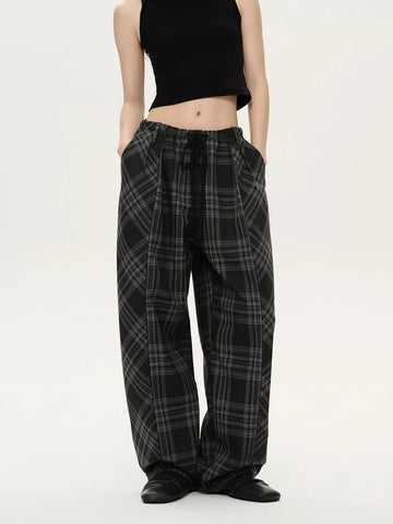 Brick Lane Wide-leg Check Plaid Relaxed Pants - Black