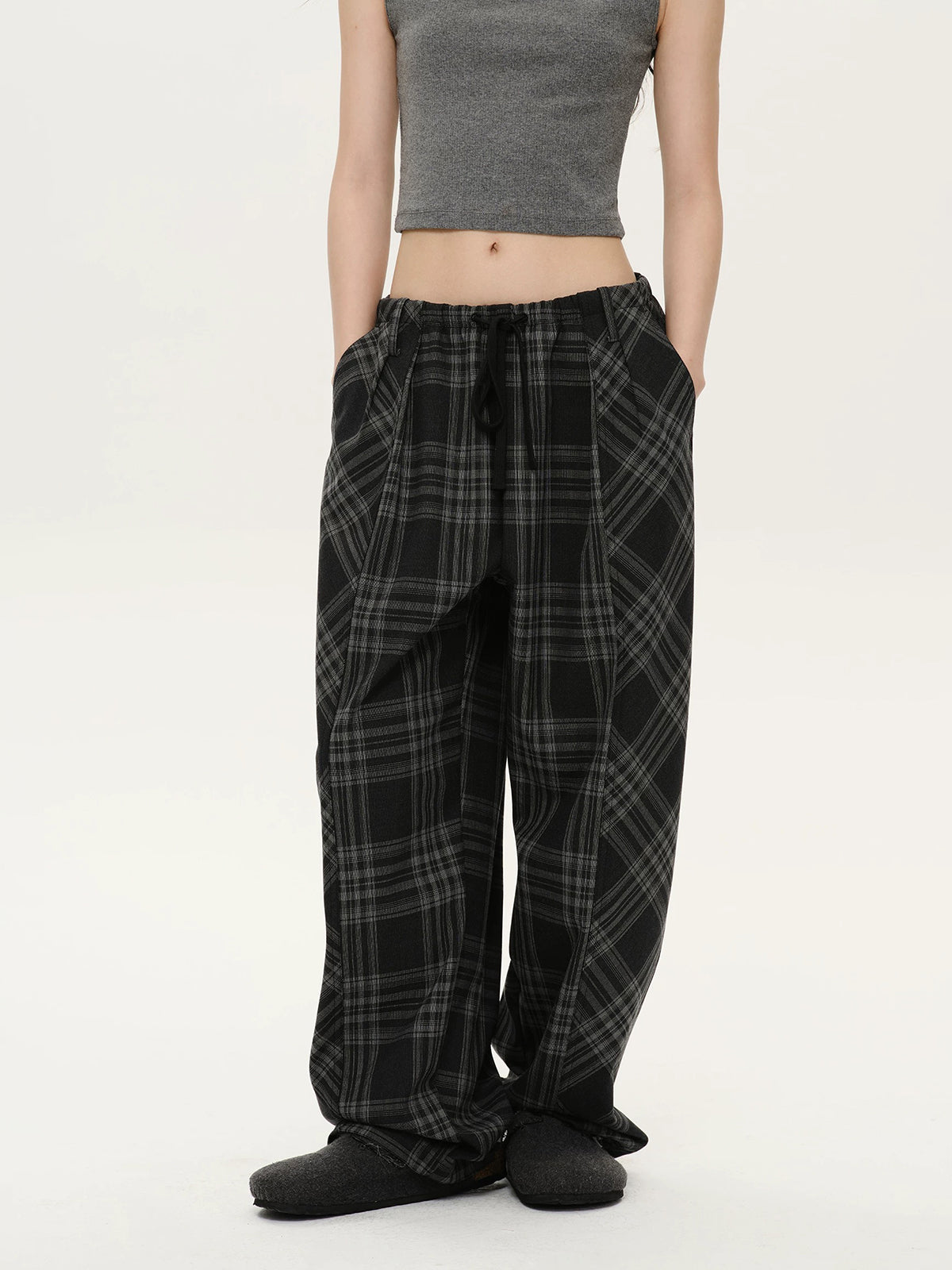 Brick Lane Wide-leg Check Plaid Relaxed Pants - Black