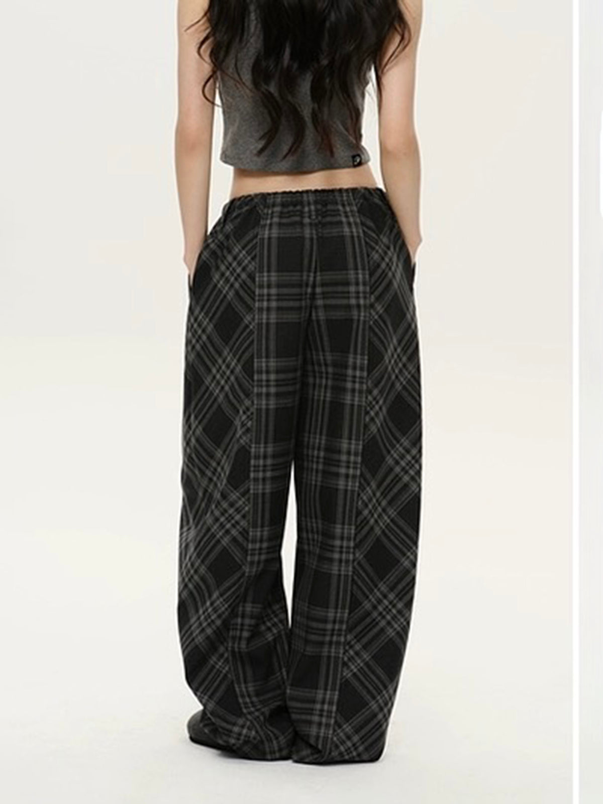Brick Lane Wide-leg Check Plaid Relaxed Pants - Black