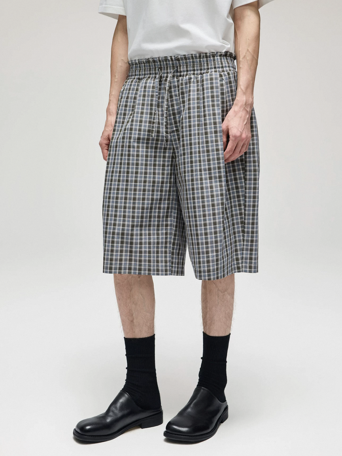 Co-ed Dorm Straight Check Plaid Utility Jorts - Grey
