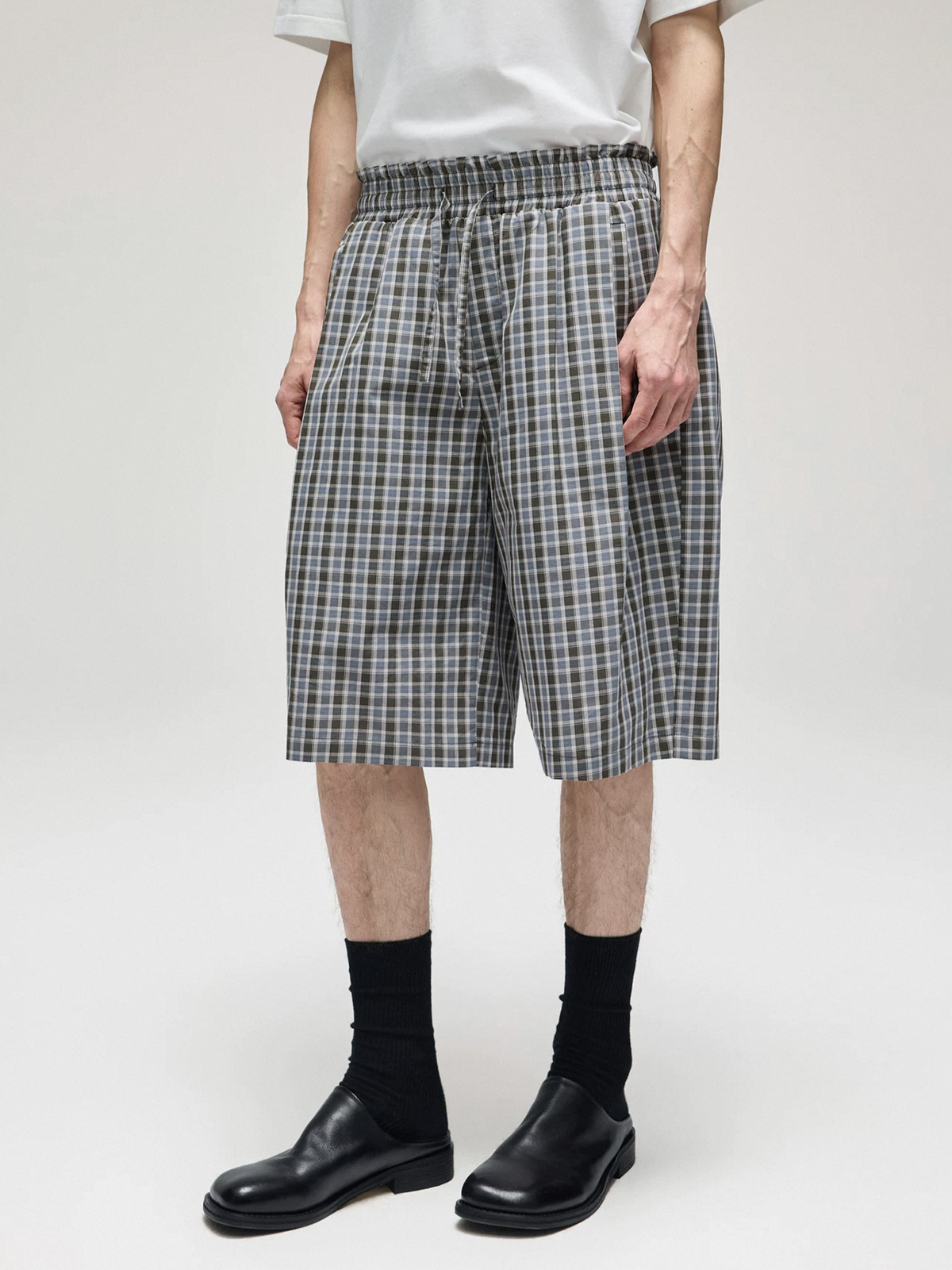 Co-ed Dorm Straight Check Plaid Utility Jorts - Grey