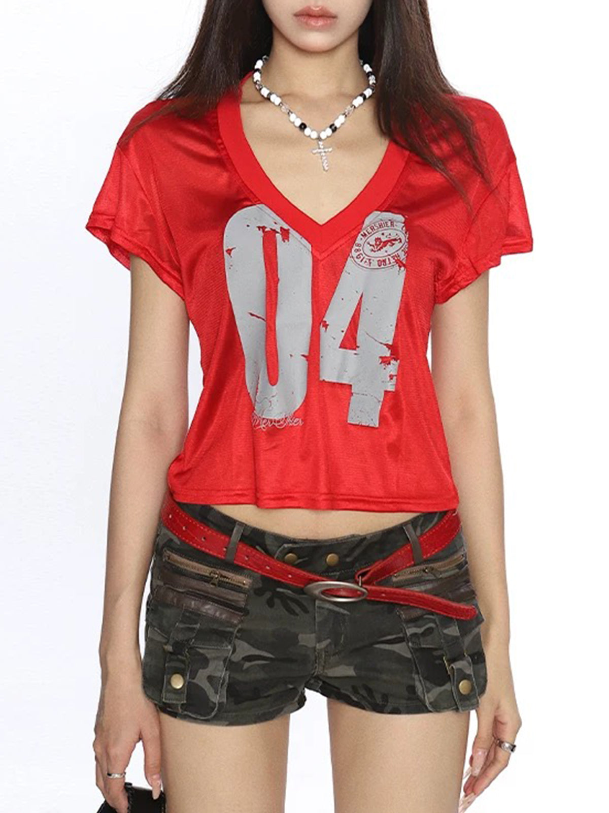 Brick Lane V-neck Jersey Inspired Graphic Tee - Red