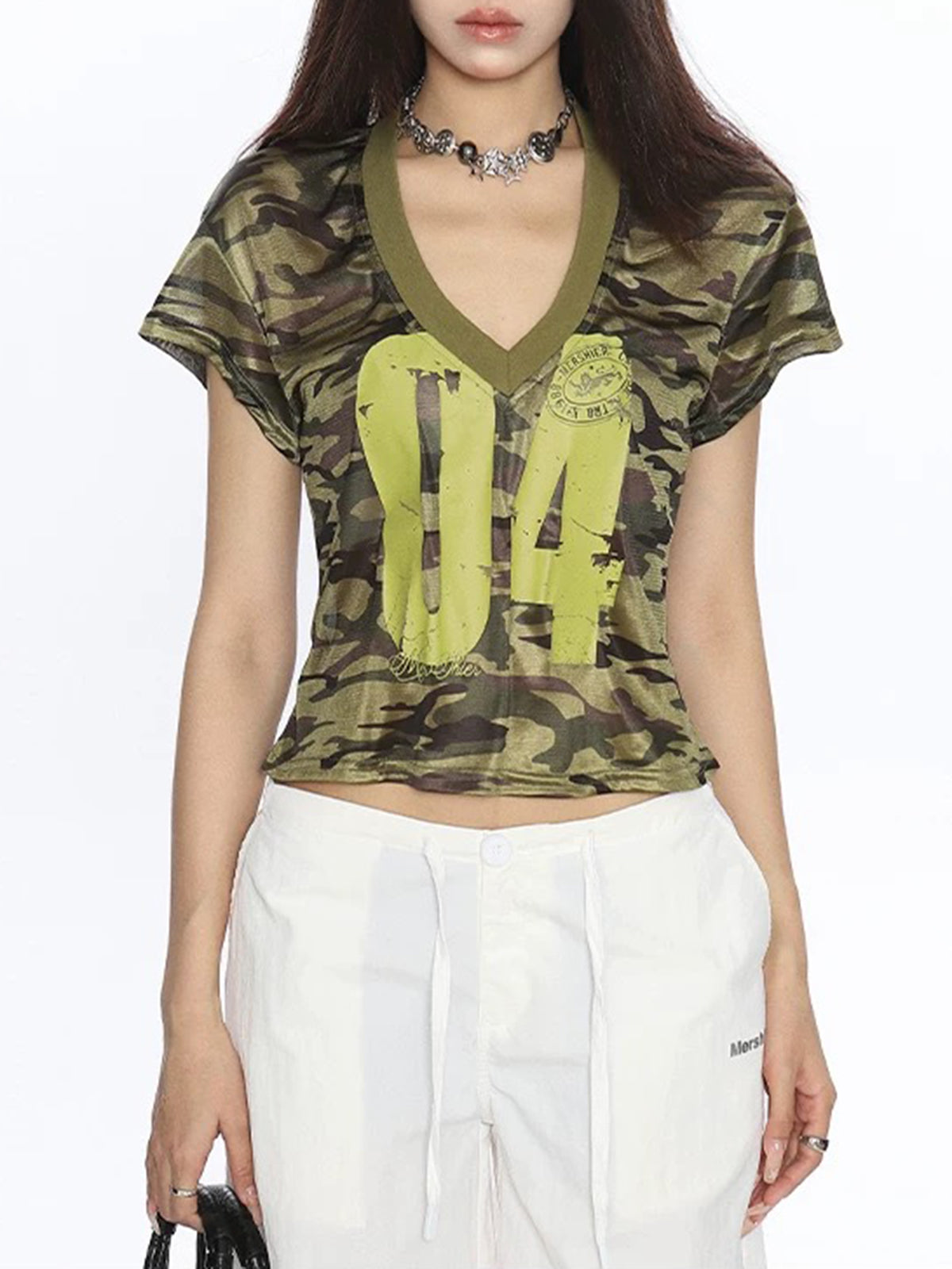 Brick Lane V-neck Camouflage Jersey Graphic Tee - Camo