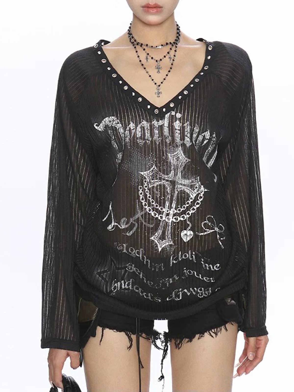 Brick Lane Baggy Sheer Graphic Portrait Long Sleeve - Black