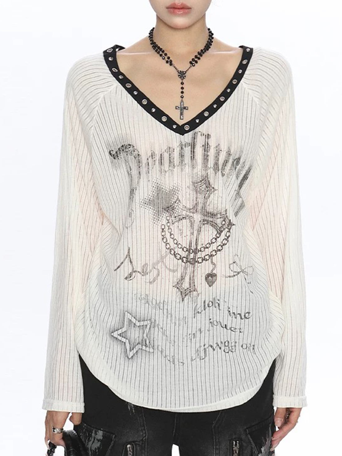 Brick Lane Baggy Sheer Graphic Portrait Long Sleeve - White