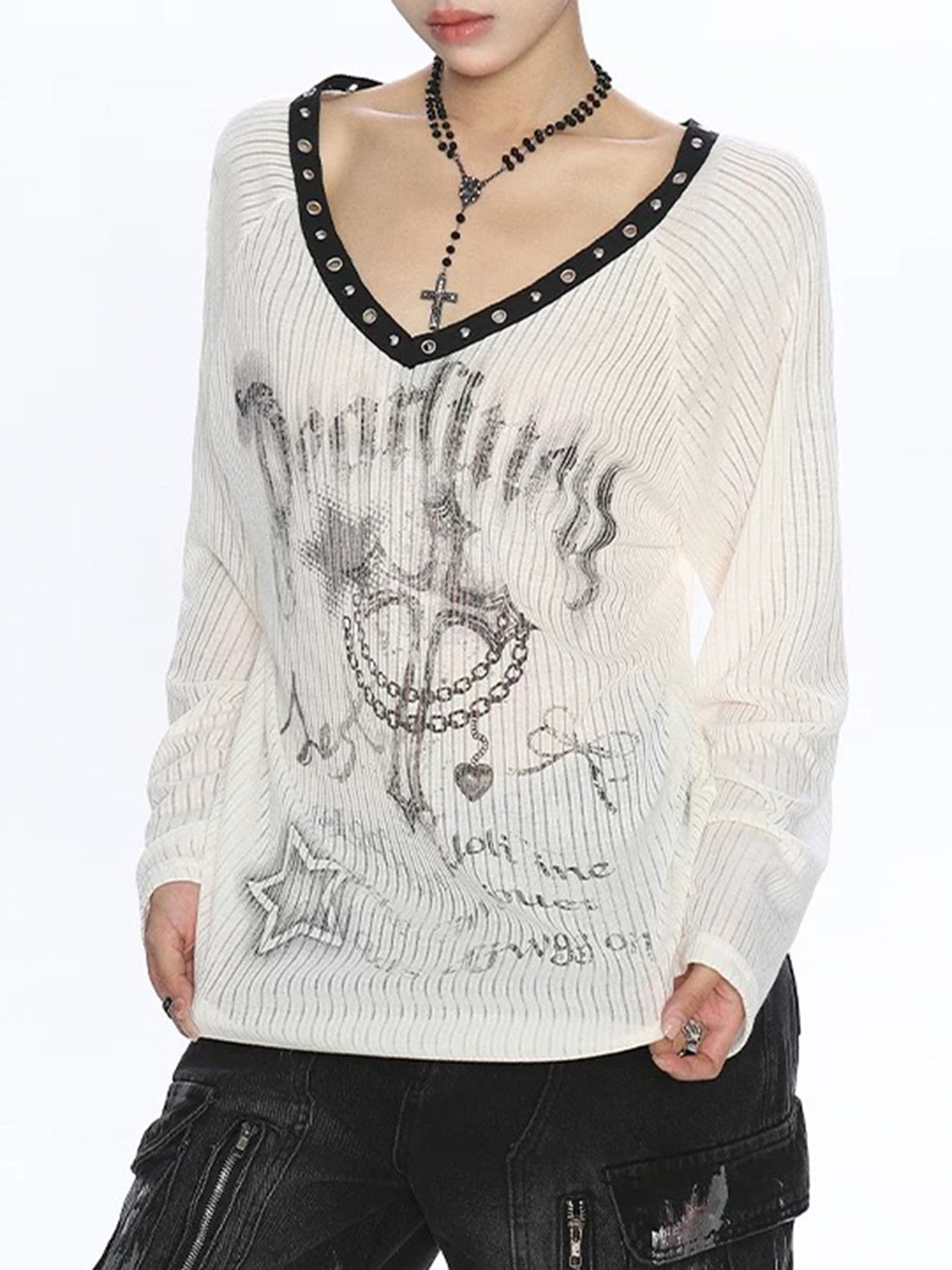 Brick Lane Baggy Sheer Graphic Portrait Long Sleeve - White