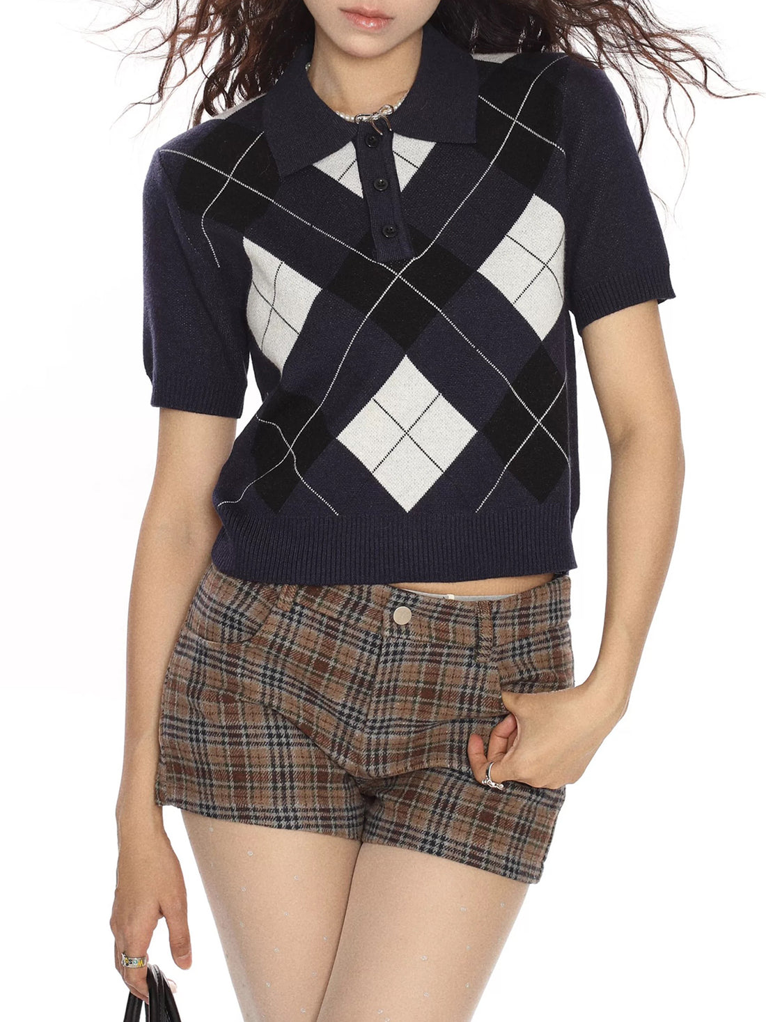 Dolled Office Check Plaid Graphic Polo Tee - Black/White