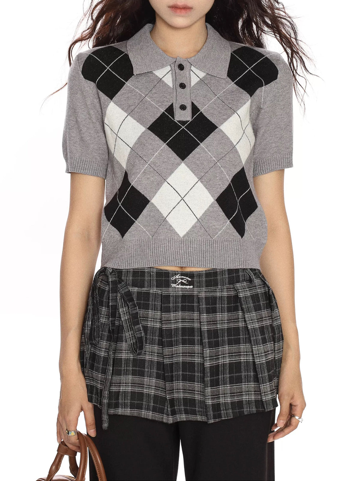 Dolled Office Check Plaid Graphic Polo Tee - Grey