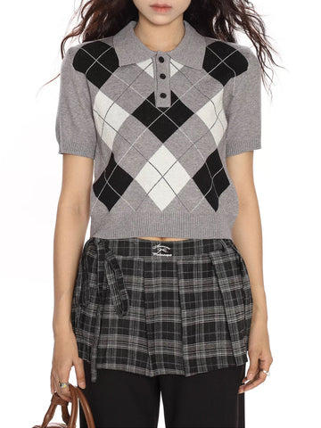 Dolled Office Check Plaid Graphic Polo Tee - Grey