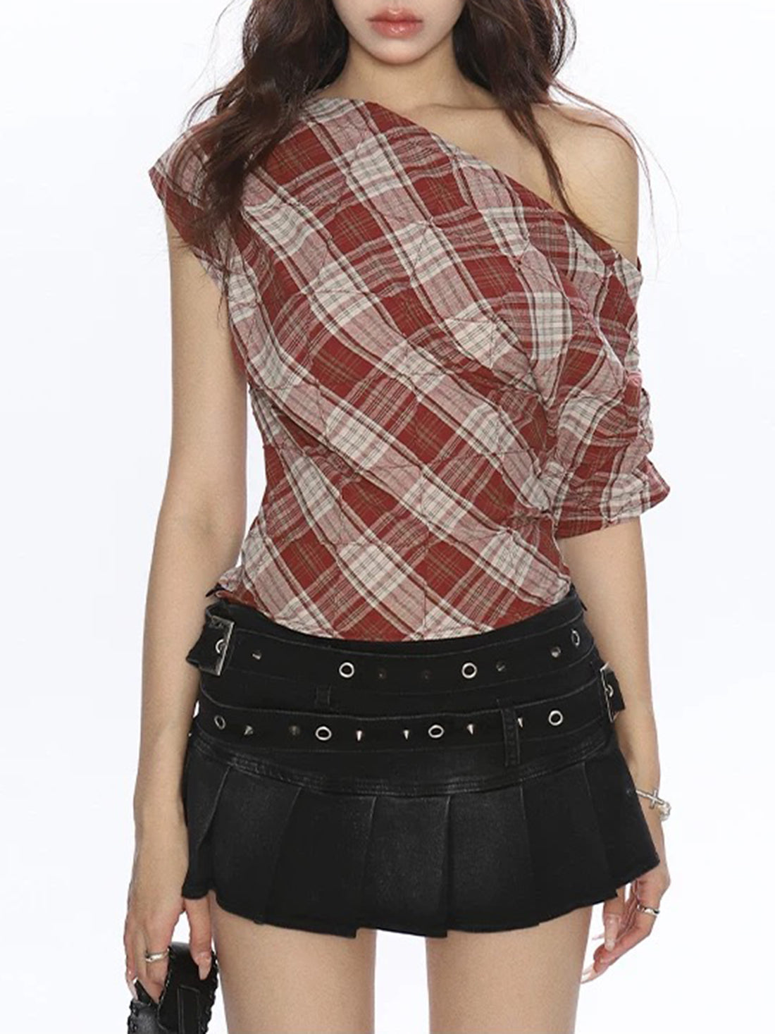 Dolled Office Asymmetric Check Plaid One-shoulder Tank - Red