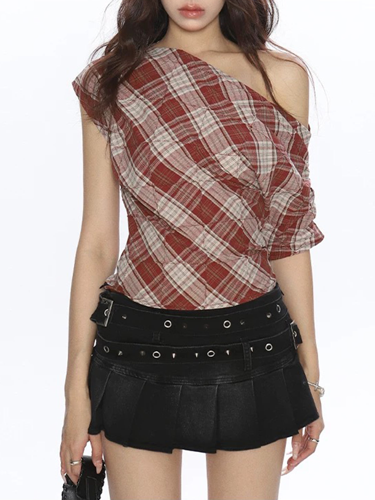 Dolled Office Asymmetric Check Plaid One-shoulder Tank - Red