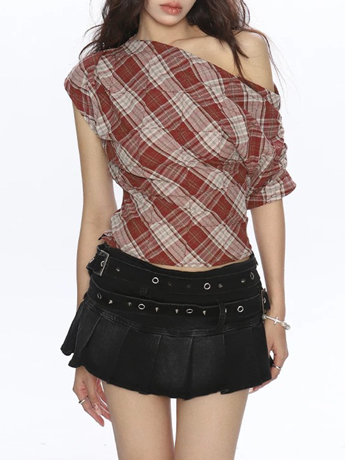 Dolled Office Asymmetric Check Plaid One-shoulder Tank - Red