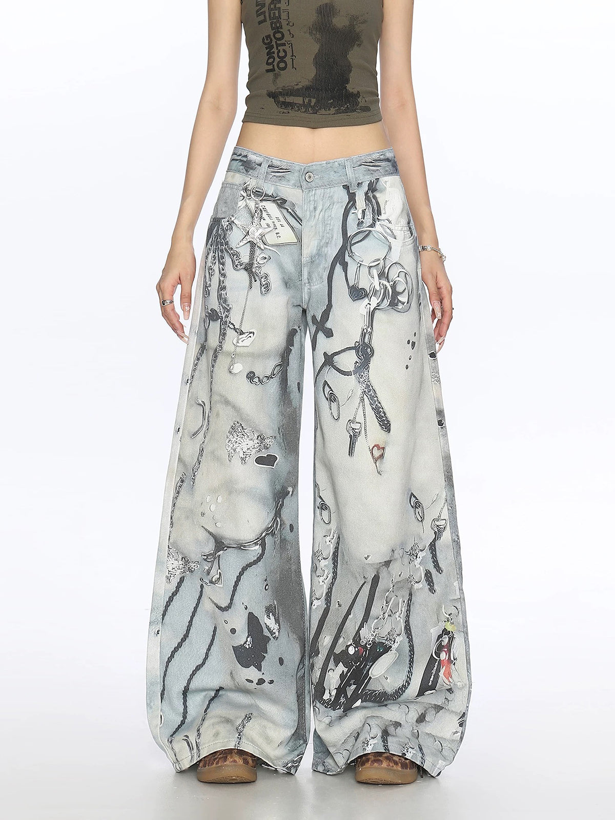Brick Lane Curved Cut Graphic Print Washed Jeans - Light Blue