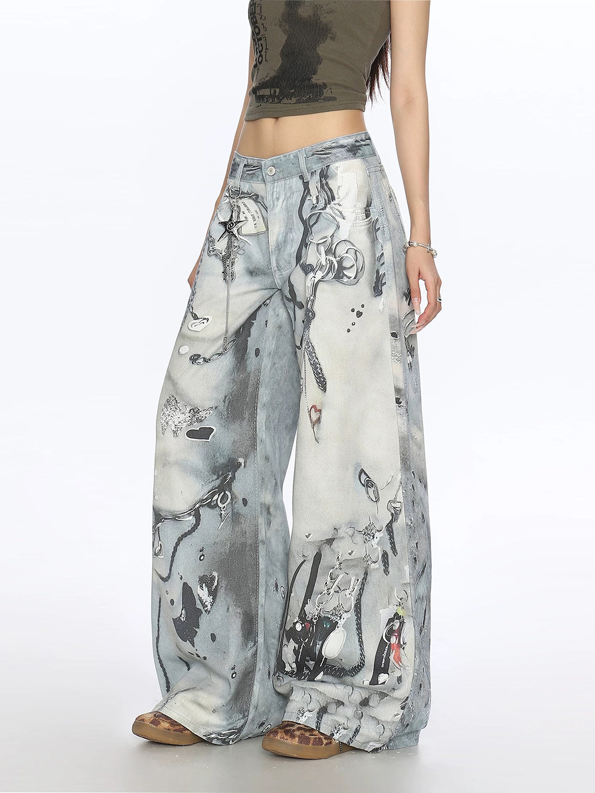 Brick Lane Curved Cut Graphic Print Washed Jeans - Light Blue
