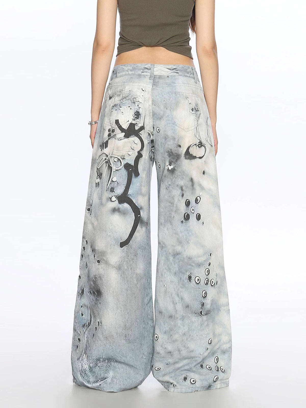 Brick Lane Curved Cut Graphic Print Washed Jeans - Light Blue