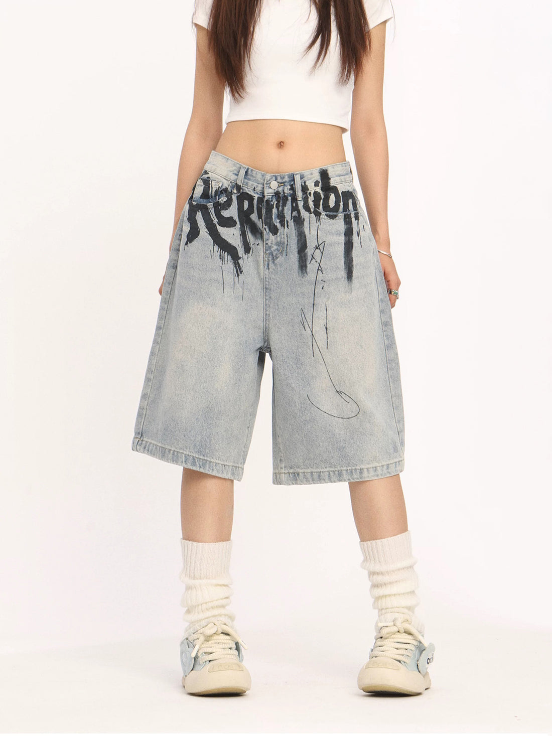 Brick Lane Wide-leg Print Graphic Denim Jorts - Light Blue