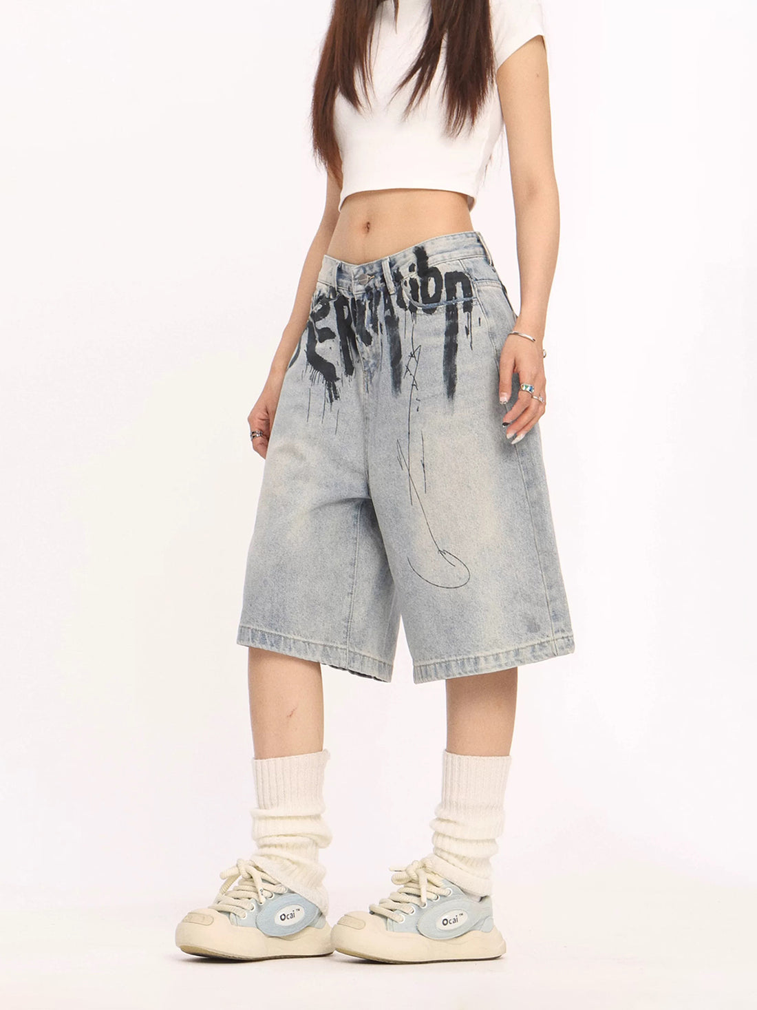 Brick Lane Wide-leg Print Graphic Denim Jorts - Light Blue