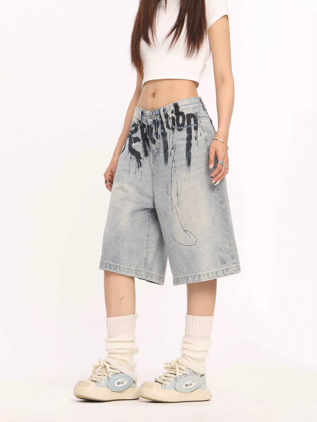 Brick Lane Wide-leg Print Graphic Denim Jorts - Light Blue