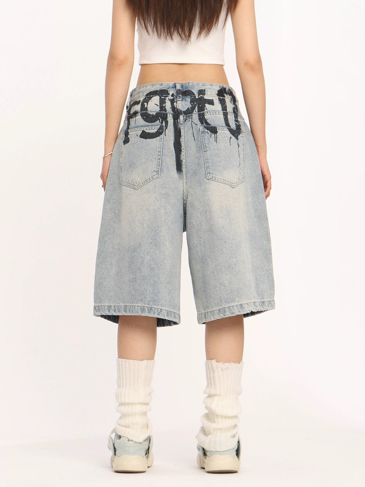 Brick Lane Wide-leg Print Graphic Denim Jorts - Light Blue
