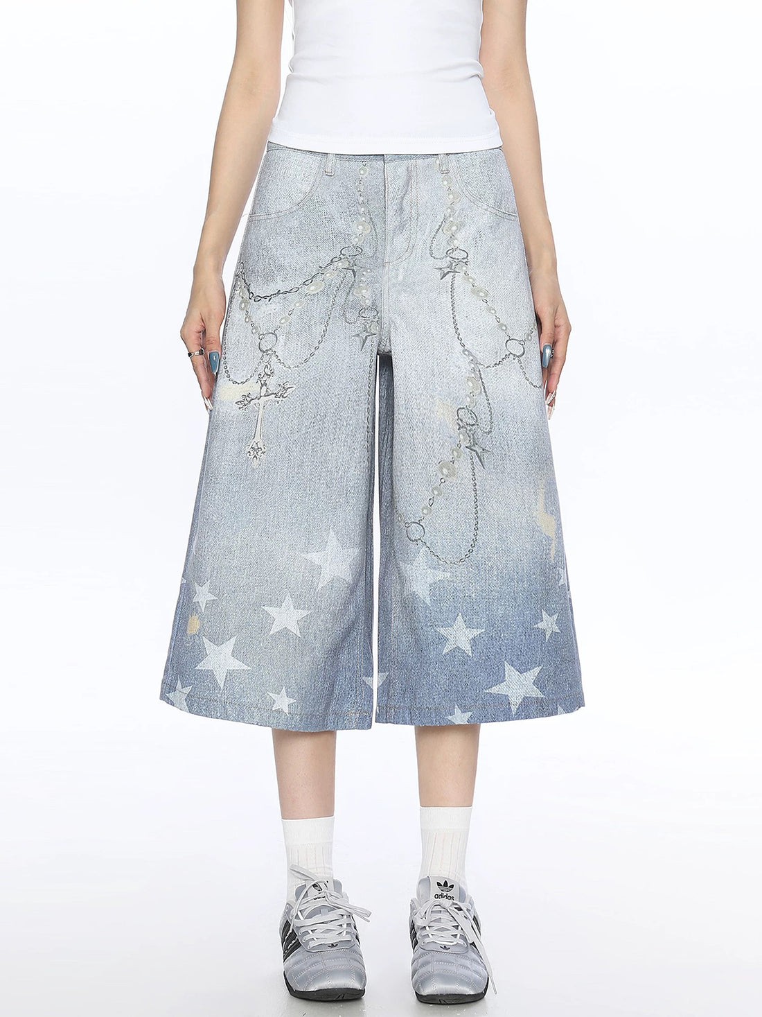 Brick Lane Wide-leg Print Distressed Denim Capri Pants - Light Blue
