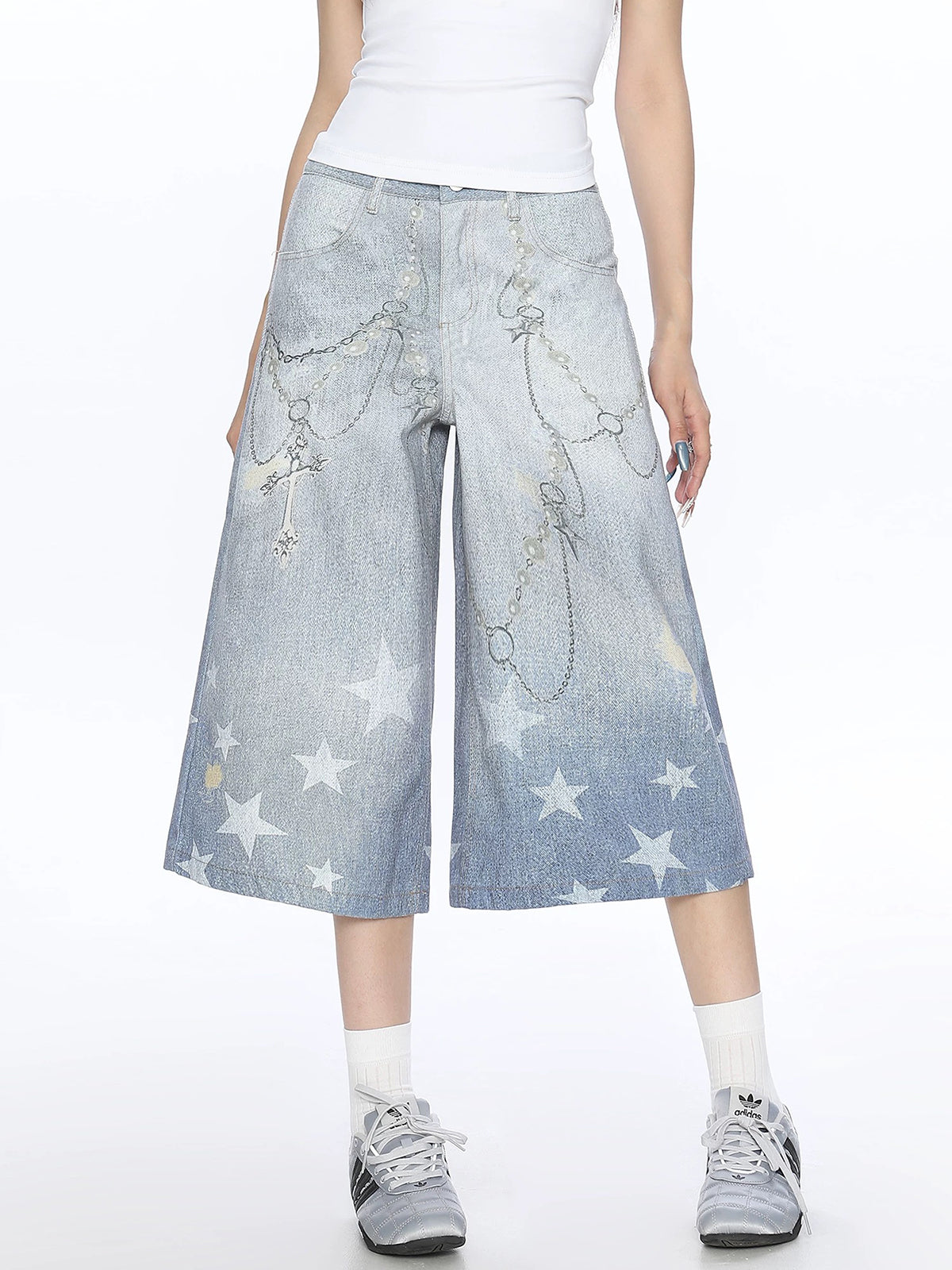 Brick Lane Wide-leg Print Distressed Denim Capri Pants - Light Blue