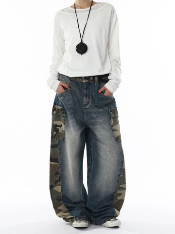 Brick Lane Curved Cut Camouflage Contrast Color Jeans - Blue